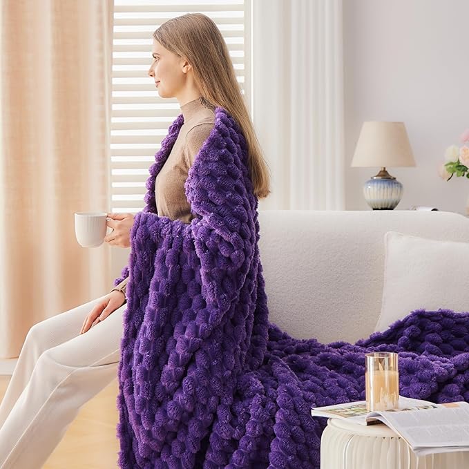 NEWCOSPLAY Super Soft Queen Blanket Purple Premium Silky Flannel Fleece 3D Clouds Stylish Jacquard Lightweight Bed Blanket All Season Use 350GSM (Purple, Queen(90"x90"))