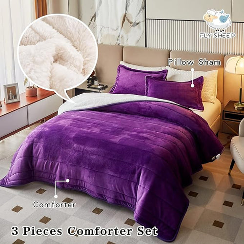 3-Layer Luxury Flannel Fleece Thick Bed Blanket Full Queen Size, Soft Plush Velvet Sherpa Blanket with 2 Pillow Shams Heavy Warm for Winter, Breathable n Washable, Purple