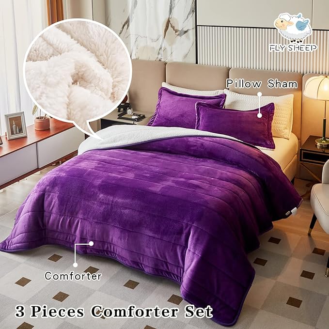 3-Layer Luxury Flannel Fleece Thick Bed Blanket King Size, Soft Plush Velvet Sherpa Blanket with 2 Pillow Shams Heavy Warm for Winter, Breathable n Washable, Purple