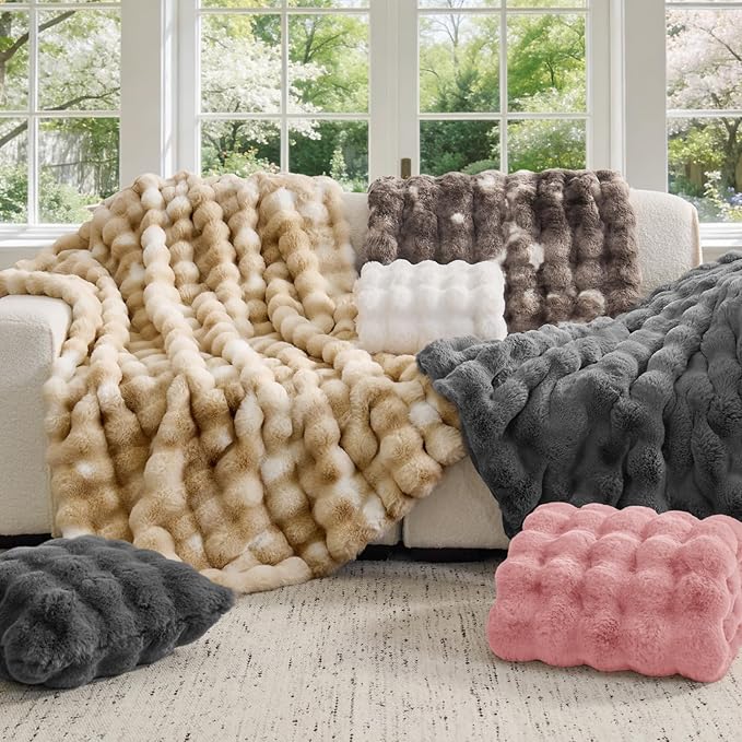 BEDELITE Faux Fur Throw Blanket, Soft Cozy Plush Dark Grey Bubble Blanket for Couch Sofa Bedroom Living Room Decor - 870GSM Thick Warm Fuzzy Fluffy Faux Rabbit Fur Blanket, 50x60 Inches