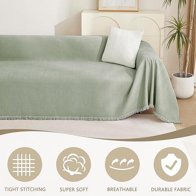 MYSKY HOME Green Sofa Covers Tassel Couch Cover for Pet Dogs Sage Couch Cushion Covers for L Shape Universal Chenille Sofa Throw Cover Washable Sectional Couch Covers for Living Room, 71" X102"