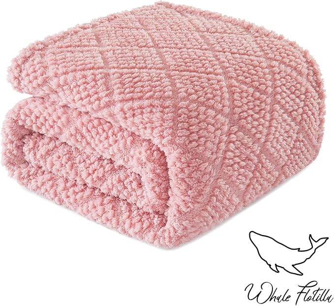 Whale Flotilla Fuzzy Fleece Throw Blanket for Couch, Bed, Soft Fluffy Jacquard Waffle Blankets for All Season, Lightweight and Warm, 50x60 Inch, Pink