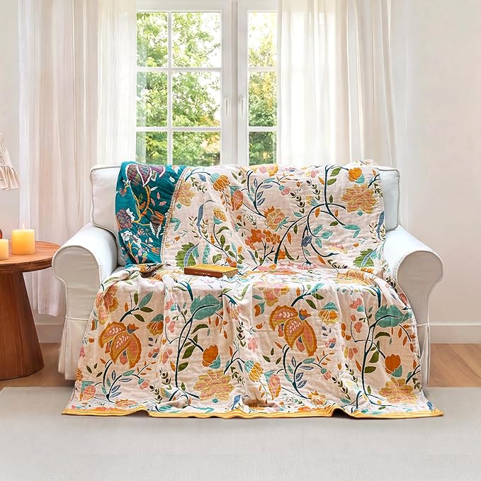 Boho Throw Blanket - 50"x60" 100% Cotton Ultra Soft Lightweight Blanket, 4-Layer Breathable Muslin Spring Blankets for Bed Couch, Reversible Green Floral Printed Bohemian Cotton Quilt