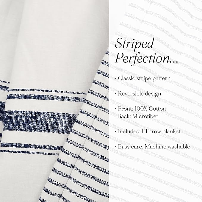 Lush Decor Farmhouse Stripe Reversible Throw, Single, 50" W x 60" L, Navy - Blue Throw Blanket For Bed - Soft Blanket - Couch Throw - Rustic Farmhouse Decor