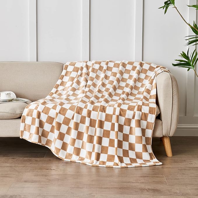 Checkered Blanket Flannel Throw Blankets Soft Cozy Checkered Grid Print Chessboard Gingham Pattern Throws for Bed Sofa Couch for All Seasons, 50x60 Inch, Blonde