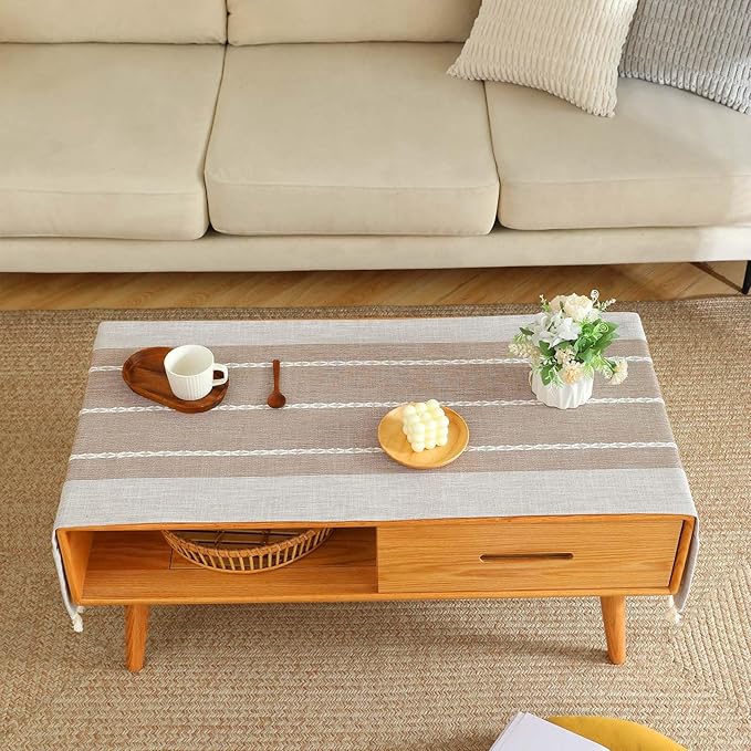 SIELUNO Coffee Table Cover, Rustic Farmhouse Rectangle Table Cloth Cotton Linen Waterproof with Pockets and Tassel for Living Room Decoration - Coffee Stripes - 28x64 Inch