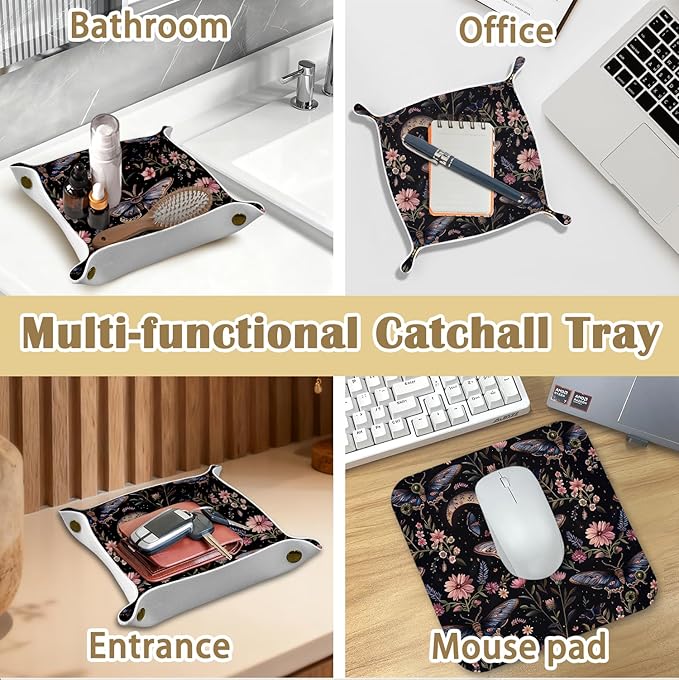 Butterfly Gifts Leather Jewelry Valet Tray,Gothic Moody Dark Cottagecore Butterfly Floral PU Leather Catchall Beside Caddy Nightstand Organizer Tray for Jewelry Rings Watches Keys,7.8x7.8inch