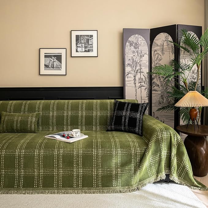 HANDONTIME Couch Covers for Dogs, Buffalo Check Sofa Cover White Plaid Geometric Pet Couch Cover for Dogs & Cats Chenille Sofa Covers Washable 3 Seat Sectional Covers Soft (Matcha Green, 71"x150")