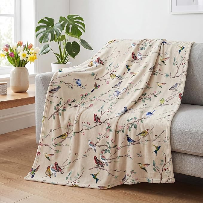 Horaldaily Spring Summer Flannel Blanket Throw, Birds Branch Biege Floral Soft Fuzzy Plush Cozy Fleece Blankets for Couch Sofa Bed Lounging, Ideal Gifts for Kids Adults Self, 60x80