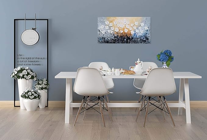 SYGALLERIER White Flower Canvas Wall Art - Hand Painted 3D Oil Paintings - Black Blue Pictures for Living Room Farmhouse Dinning Room Decor