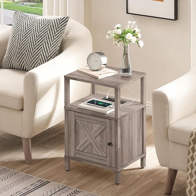 Farmhouse Nightstand with Charging Station, Greige Bedside Table with USB&Type-C Ports and Outlets, End Table with Storage, Night Stand for Bedroom, Greige ETGY96E01