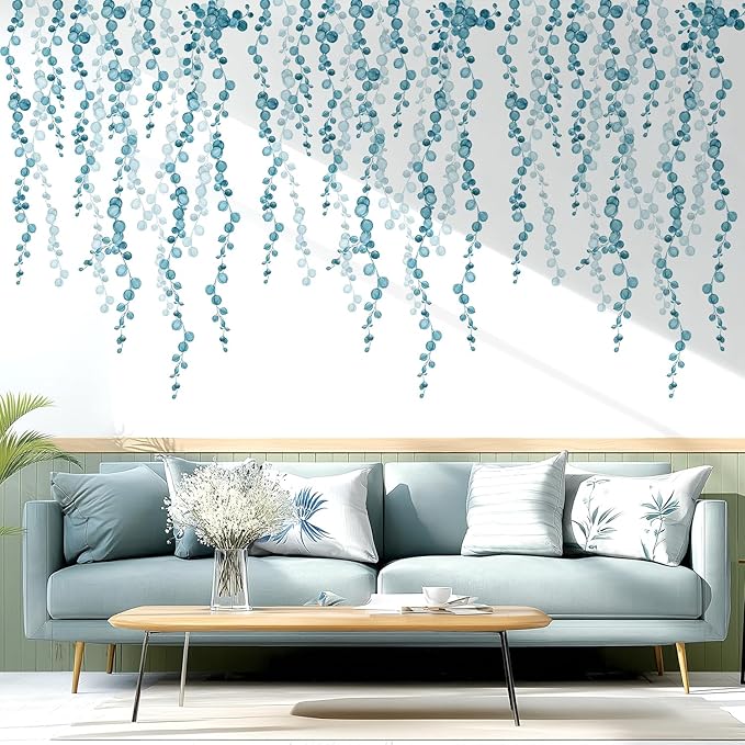 Blue Hanging String of Pearls Succulents Vine Wall Decals Peel and Stick, Large Plants Leaf Vinyl Wall Stickers, Removable Home Decor Art for Bedroom Living Room Classroom Office