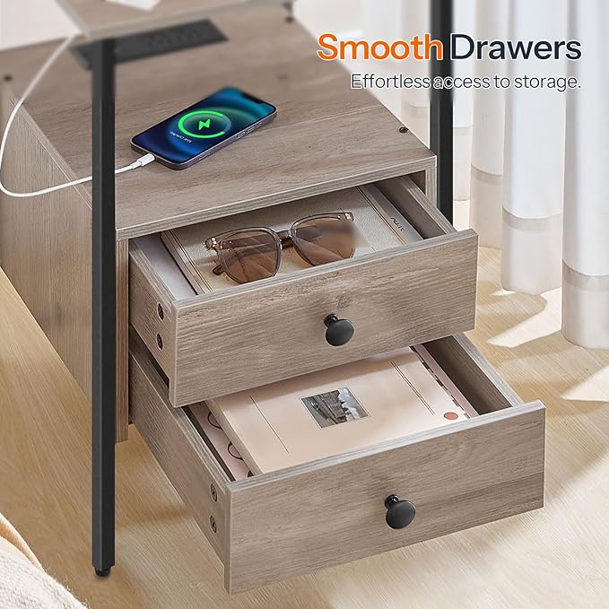 HOOBRO End Table with Charging Station, Bedside Table with 2 Drawer & USB Port & Type-C Port, Nightstand for Small Spaces, Stable and Sturdy, for Living Room, Greige and Black BG43UBZ01
