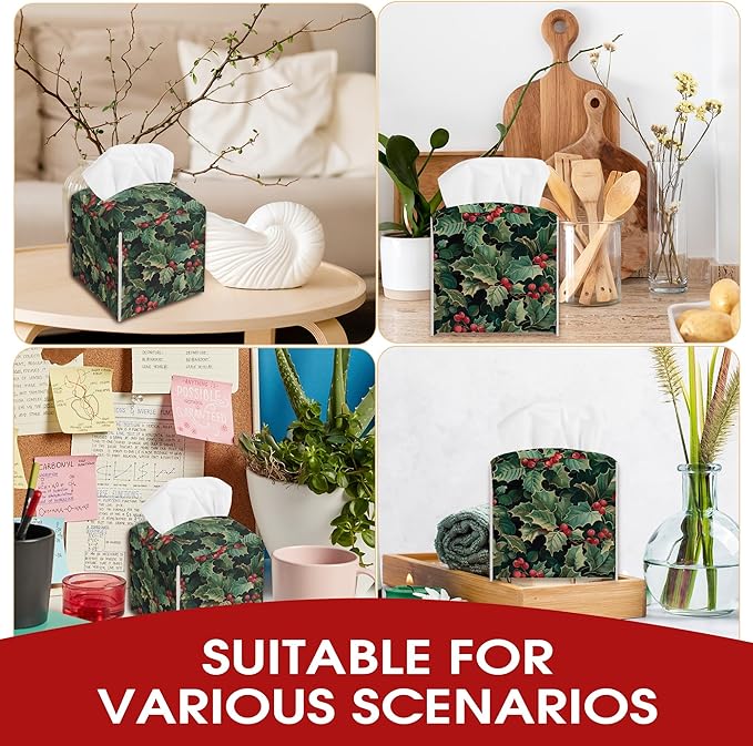Holly Berries Christmas Tissue Box Cover Holder, Green Leather Tissue Box Cover Square, Xmas Gift Ideas for Family Friends, Bathroom Kitchen Car Office Home Table Decor(5.2 Inches)-B09