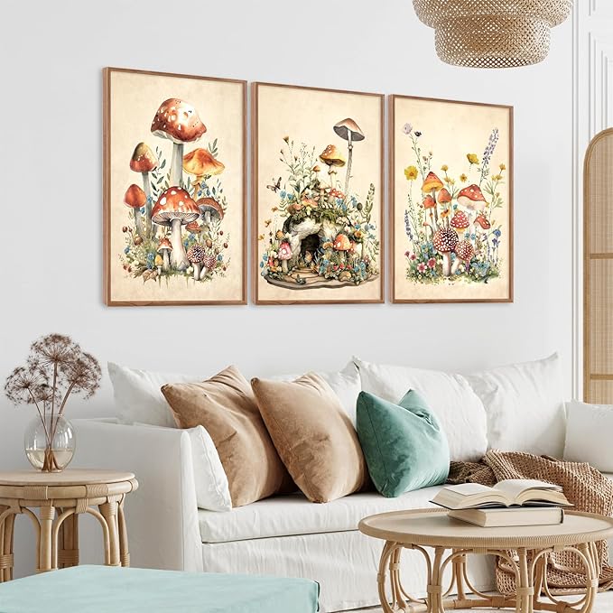 CHDITB Vintage Mushroom Framed Canvas Wall Art Set Of 3, Magic Mushrooms Wall Decor, Nature Botanical Floral Painting, Colorful Fungi Aesthetic Art Prints for Dining Room Bedroom Decor 12x16 inch