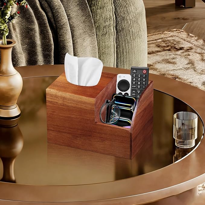 Wood Tissue Box Cover Square wiht Storage, Acacia Tissues Box Holder, Decorative Cube Tissues Box Organizer with Remote Control Holder for Bathroom, Nightstand, Modern Farmhouse Decor