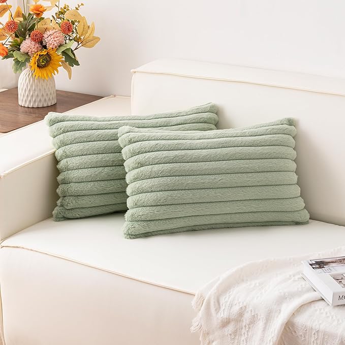 Aegero Pack of 2 Faux Fur Christmas Throw Pillow Covers 12x20 Inch, Soft Plush Striped Neutral Couch Pillow Cover, with Velvet Back Modern Home Decor for Sofa Living Room Couch Bed Sage Green