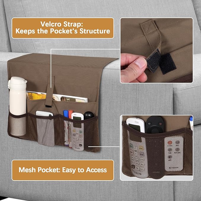 WOMACO Sofa Armrest Remote Magazine Holder, Non-Slip Armchair Recliner Caddy, Couch Arms TV Remote Control Organizer for Tablet, Phone, iPad, Laptop (Brown, 16" x 35" - 2 Pack)