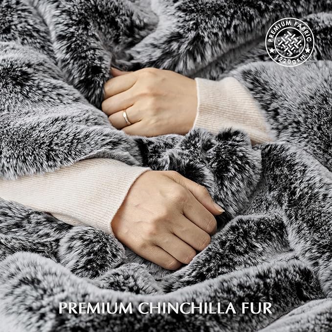 EVERGRACEHOME Luxury Soft Faux Chinchilla Fur Throw Blanket for Couch, Warm Thick Heavy Winter Throw Blanket 1220GSM for Bed, Fluffy Cozy Mink Blanket with Reversible Velvet, Onyx Mink, 50"x60"