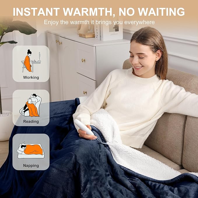Electric Throw Heating Blankets 50X60in - Fleece Heated Throw Washable with 5 Heating Level & 4 Hour Auto Off Small Heated Blanket for Office, Chair Blanket for Winter, Great Gift Ideas(Navy Blue)