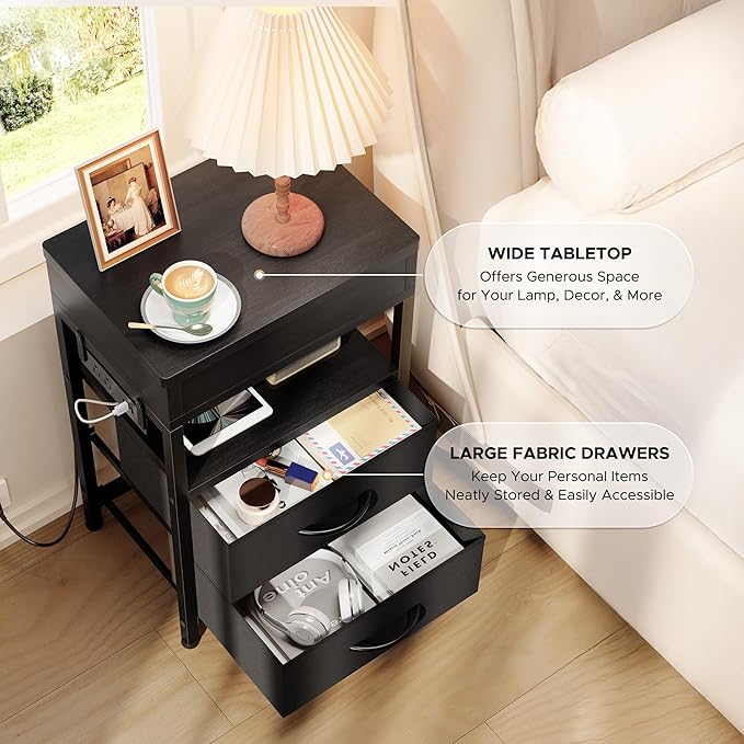 Nightstand Hidden Drawer Charging Table - Night Stand with Charger Station and Sliding Top Storage, Morden Bedside Table with 2 Fabric Drawers, for Dorm Living Room Bedroom, Black