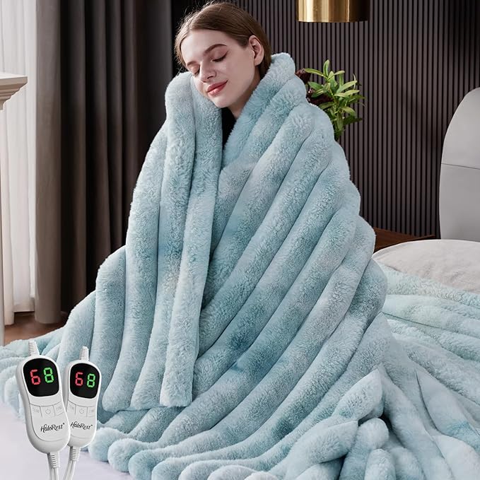 Heated Throw Blanket, Faux Fur Cozy Heating Blanket with Overheat Protection, 1/2/4/6/8 Hours Auto-Off 10 Heat Level, Machine Washable (84x90 Inches, Blue)