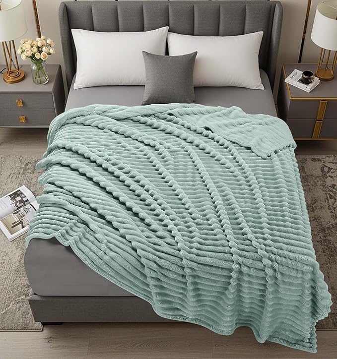 Utopia Bedding Sage Green Striped Fleece Blanket Queen Size – Fluffy, Warm & Lightweight Ribbed Throw for Bed, Sofa & Chair - Soft Cozy Blanket for Home Décor & Gifting (90x90 Inches)