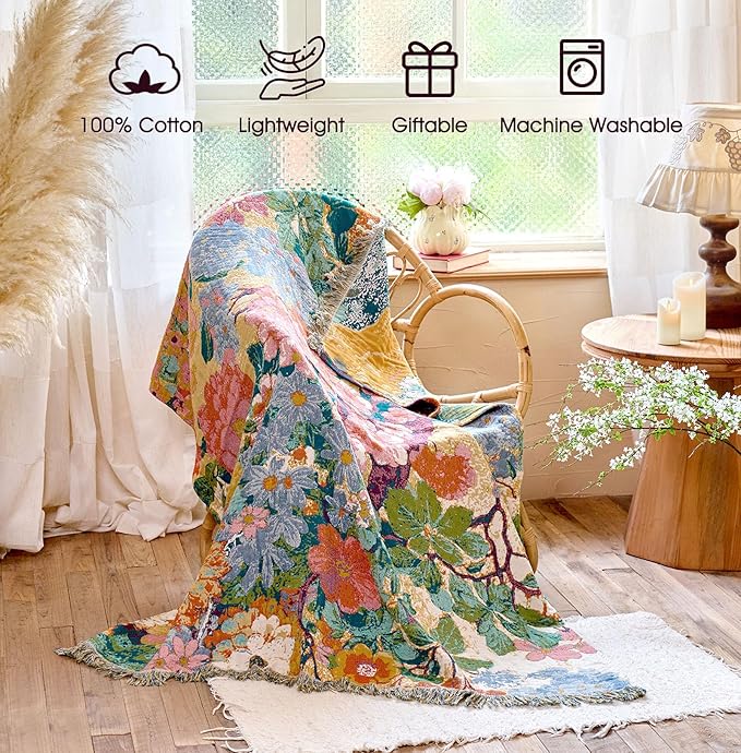 Boho Throw Blanket - 100% Cotton Throw Blankets for Bed Couch, 50"x60" Soft Muslin Lightweight Spring Throw Blanket, Cozy Oil Painting Bohemain Bedding Decor Green Throw Quilt