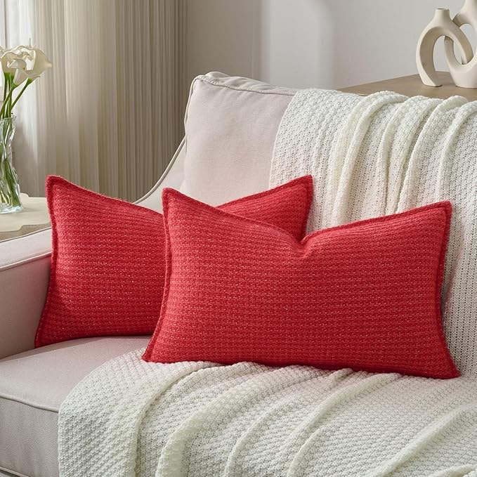 FUTEI Valentine's Day Red Decorative Throw Pillow Covers 12x20 Inch Set of 2,Soft Houndstooth Gingham Textured Lumbar Pillow Cases,Modern Home Decor for Couch Bed Living Room