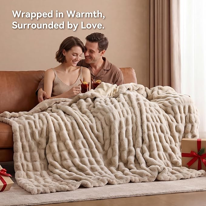 Smoofy Linen Throw Blanket for Couch – Ultra Soft Cozy Plush Fluffy Blanket with Faux Rabbit Fur, Fuzzy Lightweight Fleece for Sofa, Bed & Office, Gift for Women, Home Room Decor Throw 60"x 80"