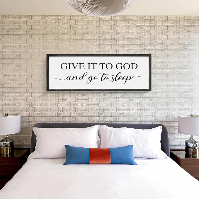 Give It to God and Go to Sleep Sign 42''×15'' Large Above Bed Wall Decor Farmhouse Bedroom Decor Wood Framed Guest Room Decor Wall Art Rustic Master Bedroom Wall Decoration (Black)