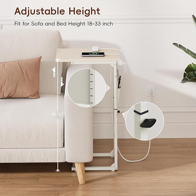 Vagusicc C Shaped End Table with Charging Station, Adjustable Height Side Table for Couch, Small Sofa Table C Table End Table, Slide Under Couch Table TV Tray Arm Table for Living Room, Bedroom, Cream