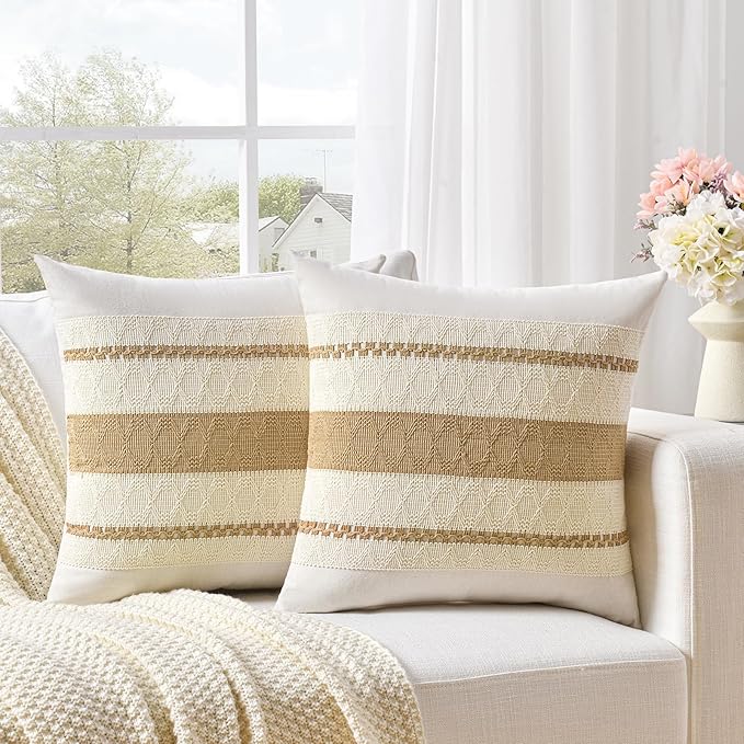 Fancy Homi Set of 2 Tan Neutral Decorative Throw Pillow Cover 18x18 Inch for Couch Bed Sofa, Aesthetic Modern Organic Farmhouse Boho Home Decor, Soft Cotton Cute Accent Macrame Taupe Cushion Case
