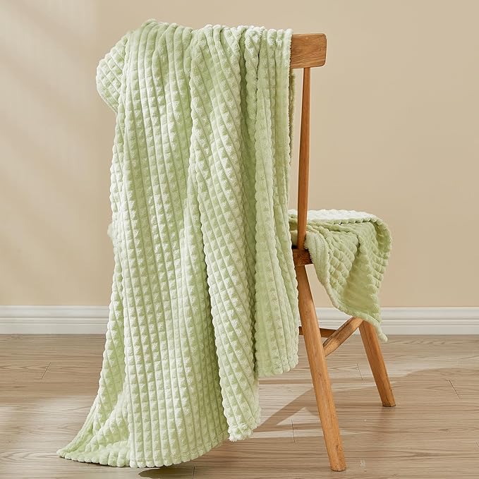 EMME Fleece Blanket, 3D Jacquard Throw Blanket for Couch and Bed, Soft Cozy and Fluffy Blankets Lightweight Luxury Flannel with Geometric Grid Design (Sage Green, 50'' x 60'')