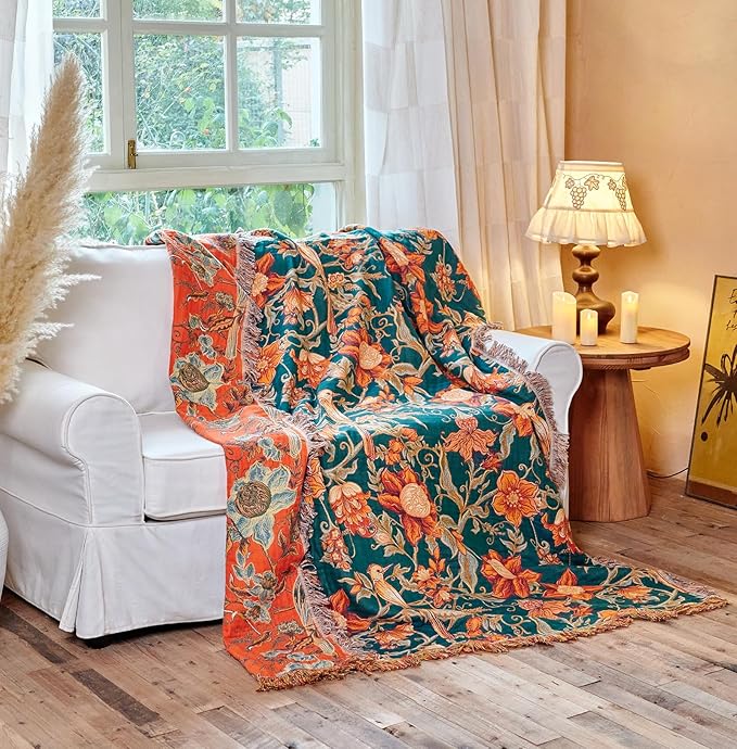 Boho Throw Blanket - 100% Cotton Ultra Soft Muslin Blanket, 60"x80" Lightweight Floral Bird Framhouse Bedding Spring Blanket for Bed, All Season Blue Bohemian Bedroom Home Decor Quilt