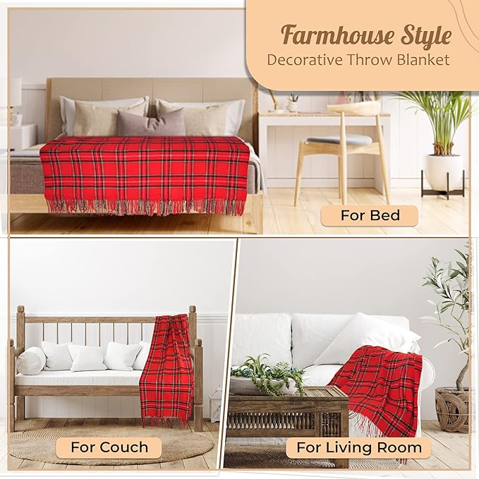 Plaid Throw Blanket, Classic Farmhouse Style Holidays Christmas Lightweight Decoractive Cashmere Like Ultra-Soft – Ideal for Living Room, Bed, Couch, Travelling, Gift for Her (Red Multi, 50"x60")
