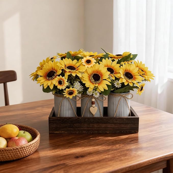 Artificial Sunflower Decorative Centerpiece, Rustic Table Centerpieces Home Decor for Dining Room, Farmhouse Wood Planter Box with 3 Galvanized Metal Pots Decorative