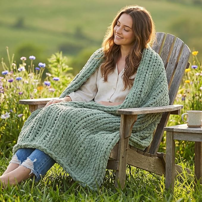 Amélie Home Chunky Knit Throw Blanket for Couch, Soft Chenille Crochet Blanket for Sofa, 50"x60", Sage Green