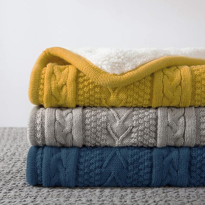 Longhui bedding Acrylic Cable Knit Sherpa Throw Blanket - Thick, Soft, Big, Cozy Grey Blue Knitted Fleece Blankets for Couch, Sofa, Bed - Large 50 x 63 Inches Gray Blue Coverlet All Season