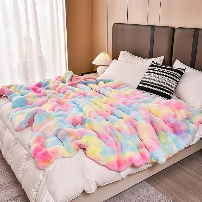H&D Faux Fur Throw Blanket for Couch,Fluffy Cozy Soft Plush Luxury Thick Fuzzy Fleece Blanket for Couch Bed Sofa Bedroom Living Room,Comfy Bubble Blanket