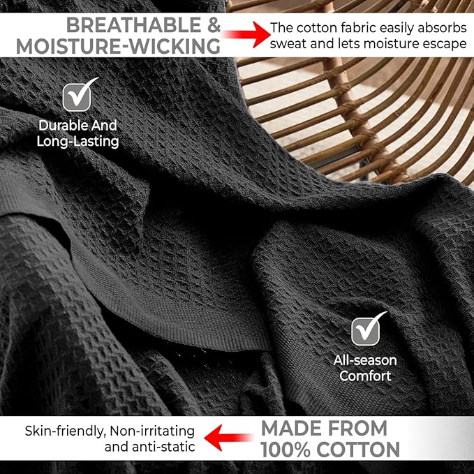 100% Cotton Blankets for Bed - Waffle Weave Blankets for Summer, Lightweight and Breathable Soft Woven Blanket for Spring (Black, Throw (50" x 60"))