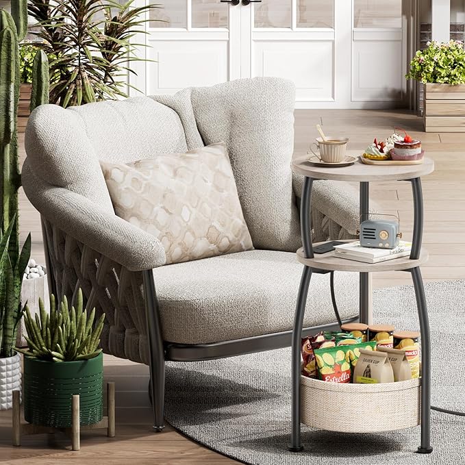 Side Table with Charging Station, Small Round End Table with Basket, USB Port and Outlet, 3 Tiers Sofa Couch Table Bedside Table for Living Room Bedroom, Small Spaces, 11.81in Greige