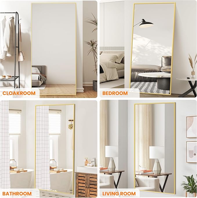 Full Length Mirror, 75"x35" Rectangle Standing Floor Full Body Mirror for Wall with Aluminum Alloy Frame for Bedroom, Living Room, Dressing Room(Gold)