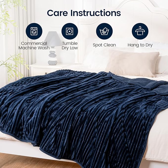 Sherpa Fleece Adult Weighted Blanket 20lbs with Ribbed Stripes, Dual Sided Fuzzy Warm Blanket for Couch Bed Sofa, Heavy Thick Blankets with Glass Beads Great for Sleep, Navy Blue, 60" x 80"