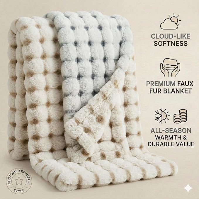 Luxury 1000GSM Double-Sided 3D Bubble Throw Blanket, 60x80 Inches, Reversible Two-Tone Faux Rabbit Fur, Frosted Black & Khaki White-Tipped, High-Density Ultra Soft Warm Blanket for Sofa