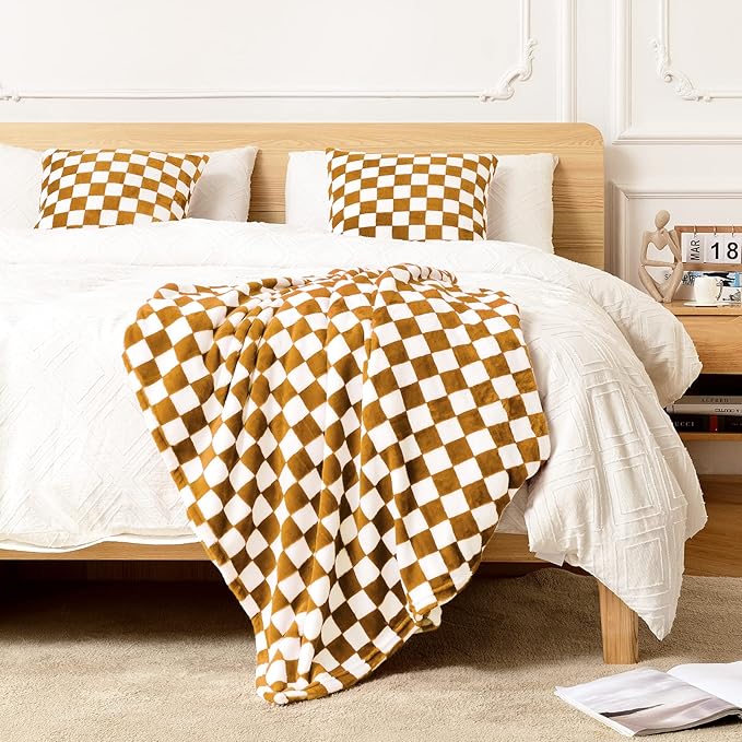 FY FIBER HOUSE Checkered Flannel Fleece Throw Blanket Soft Cozy Checkerboard Grid Print Chessboard Gingham Pattern Blankets for Bed Couch Sofa, 60"x80", Oak