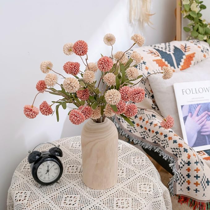 LUEUR Artificial Fall Flowers with Wooden Vase – Long Stem Mums Beige & Pink Chrysanthemum Pom Pom Floral Arrangement Centerpiece Table Decorations for Thanksgiving Dining Farmhouse Table Decor