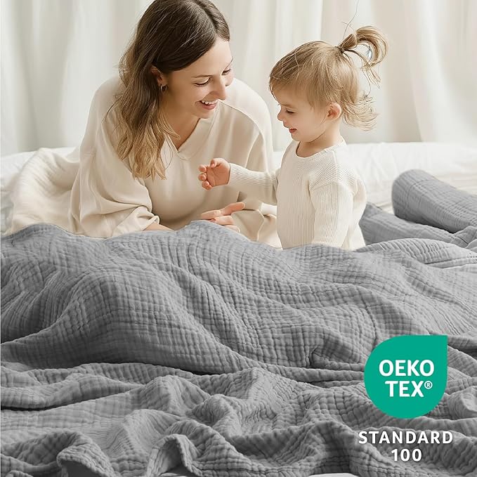 100% Cotton Muslin Blanket Twin XL 66" x 90", Breathable and Cooling Bed Blankets, Soft Boho Coverlet Bedspread, Gauze Bedding for Adults All Season, Grey