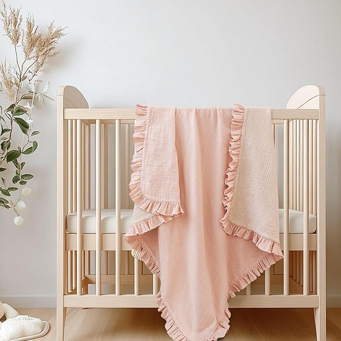 Konssy Flounce Muslin Baby Blanket for Girls Boys, 100% Cotton Soft Crib Swaddle Blankets, Reversible & Breathable Nursery Bedding for Newborns Toddlers, 40 x 36 Inches (Pink)