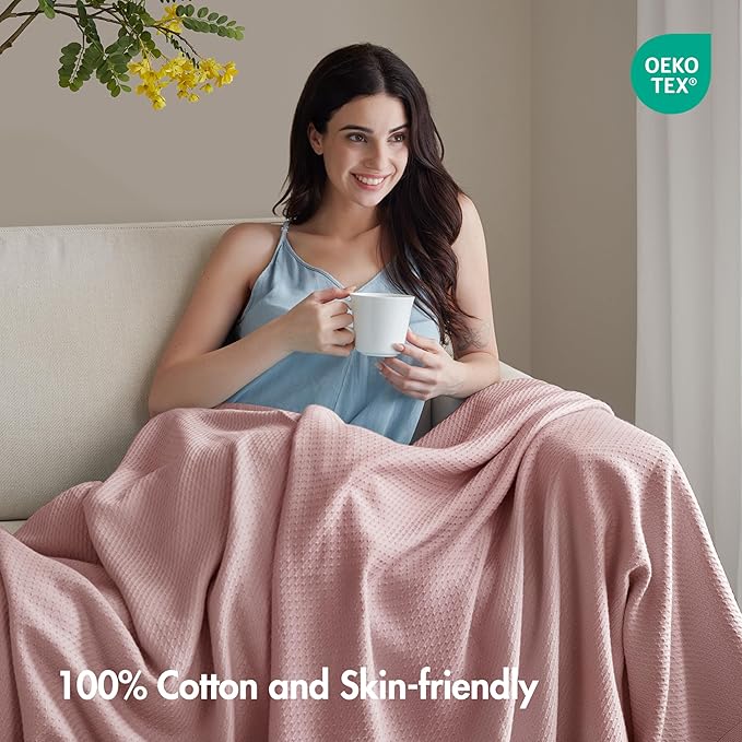 Madison Park 100% Egyptian Cotton Lightweight Summer Blanket, Breathable Waffle Knit Design, Soft Cozy All-Season Throw for Bed, Couch or Sofa, Rose King Size (108"x90")